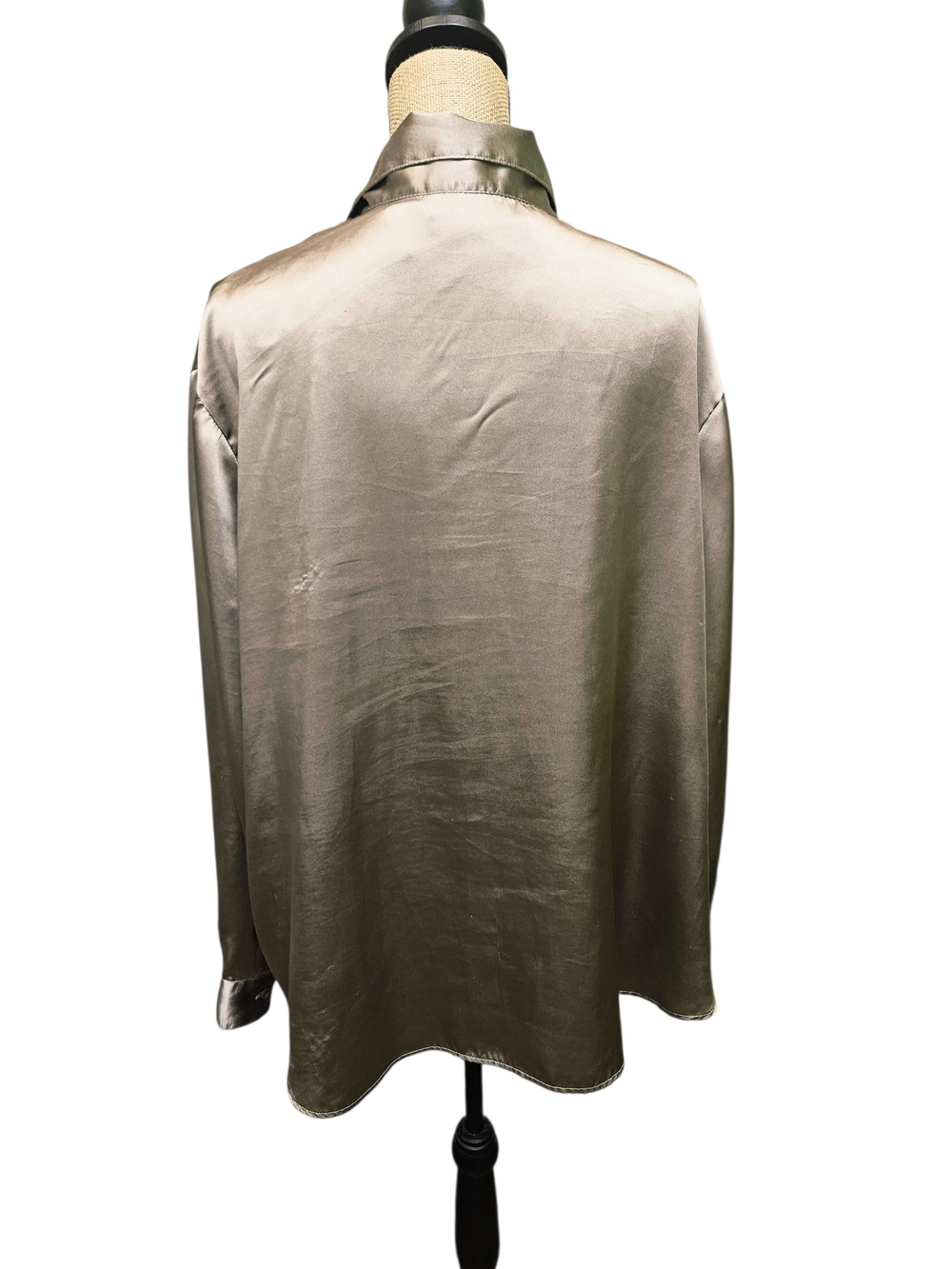 Lane Bryant Designs Top Shiny Satin Button-Front Shirt - Champagne Green - Picture 4 of 10